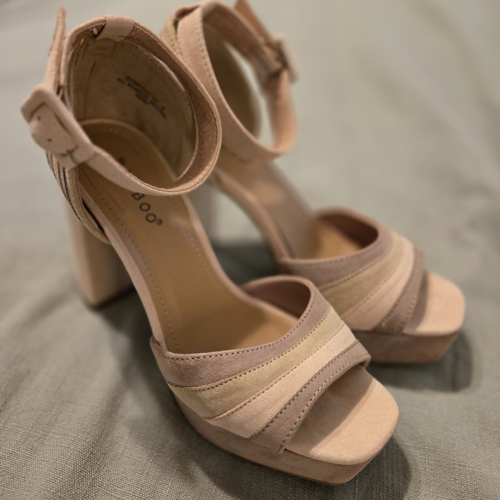 BAMBOO Tan Chunky Heel Strappy Sandals
